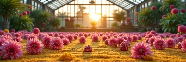 Vibrant pink chrysanthemums in sunlit greenhouse with dew-kissed blossoms
