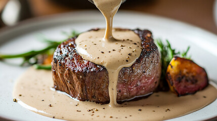 Peppercorn sauce poured over a seared filet mignon