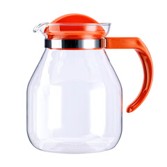Glass jug with lid and handle in orange, set against white