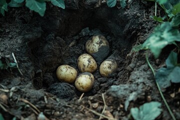 Freshly dug potatoes lying in dark soil, ready for harvest in a vegetable garden