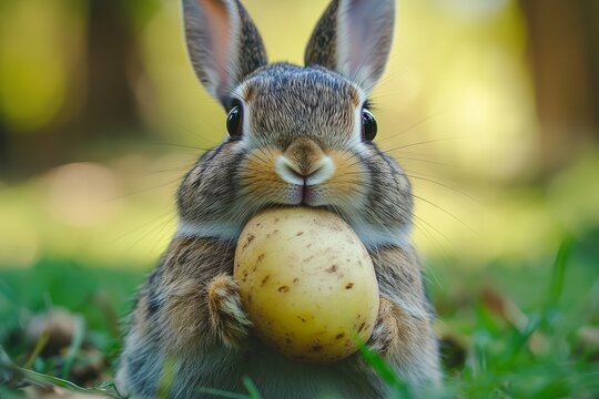 Wild rabbit holding and eating a potato in a green grass field
