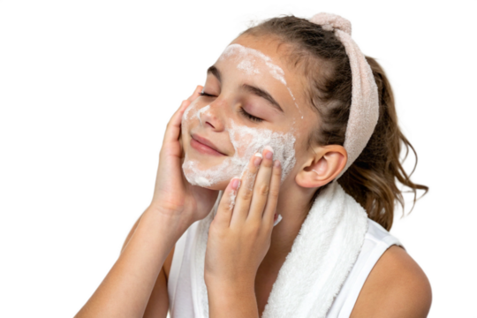 young woman washing her face isolated on white