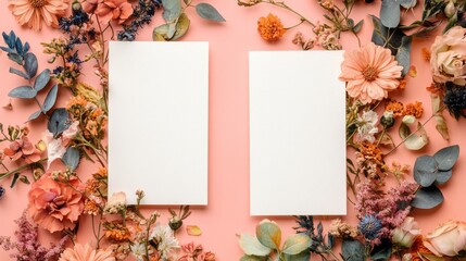 Obraz premium Two blank cards surrounded by colorful flowers on coral background