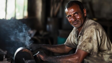 Smiling worker in a dirty workshop using a grinding wheel