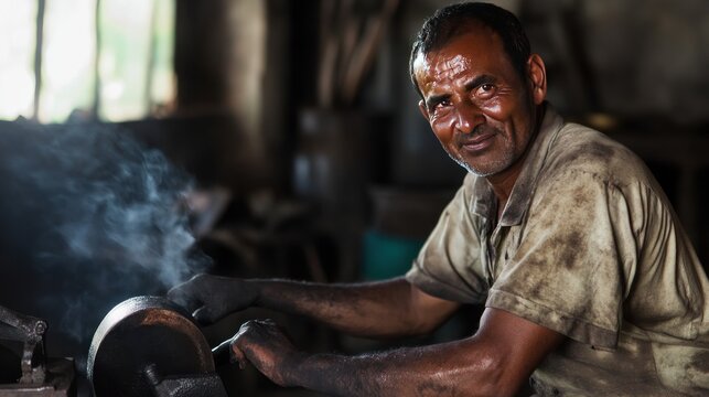 Smiling worker in a dirty workshop using a grinding wheel