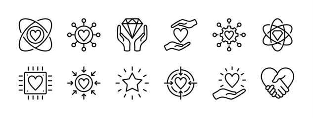 Core values thin line icon set. Containing business, empathy, service, Integrity, mission target, innovation, friendship, technology, success, responsibility. Vector illustration