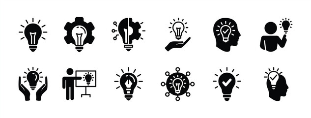 Innovation icon vector set. Light bulb with gear and head symbol. Containing Creative idea, creativity, solution, suggestion, inspiration, presentation, smart thinking. Illustration