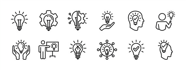 Obraz premium Innovation thin line icon set. Light bulb with gear and head symbol. Containing Creative idea, creativity, solution, suggestion, inspiration, presentation, smart thinking. Vector illustration