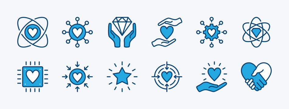 Set of core values icon vector. Containing business, empathy, service, Integrity, mission target, innovation, friendship, technology, success, responsibility. Illustration