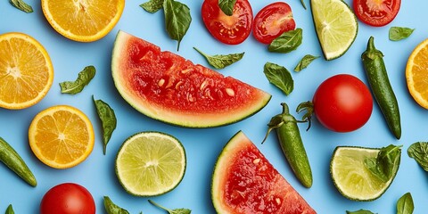 Naklejka premium Assorted citrus fruits including orange lemon lime and watermelon slices arranged on vibrant background for tropical nutrition concept in healthy lifestyle image mockup