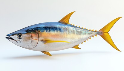 Obraz premium Isolated Yellowfin Tuna Fish on White Background in Studio Lighting Detailed Texture and Vibrant Colors High Resolution Marine Animal Illustration