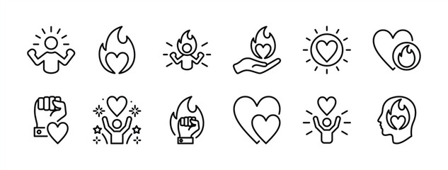 Passion thin line icon set. Containing ​spirit, ​emotion, motivation, burning, nubes, love, enthusiasm, vitality, celebrate. Vector illustration