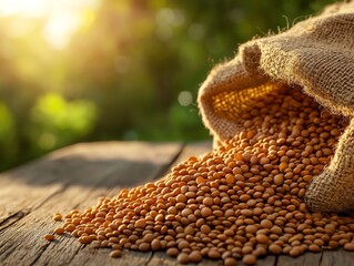 Lentils Spilling From Burlap Sack on Rustic Wooden Surface Outdoors