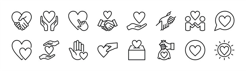 Empathy thin line icon set. Contains nubes love, charity, donation, help, care, volunteer, solidarity, support, social, assistance, communication, together, relationship, honesty. Vector illustration