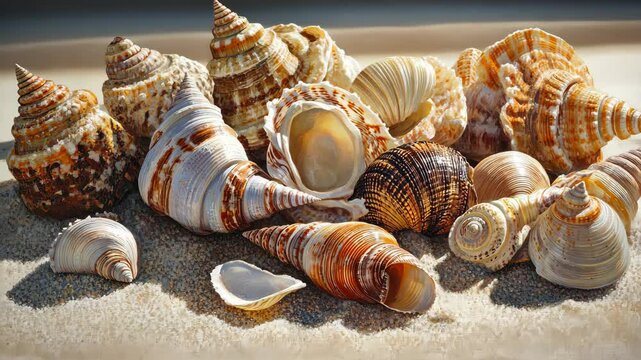 A close-up of a seashell collection on a sandy beach, soft light reflecting off the shells. digital