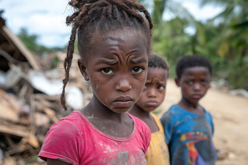 group of children with serious expressions stands amidst debris, showcasing resilience after
