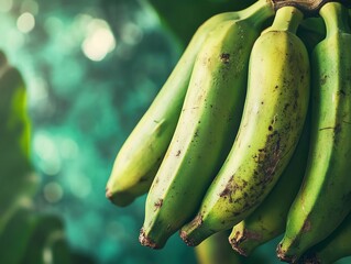 Close-up Bunch of Green Plantain Fruits Hanging with Nature Background