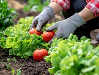 Fototapeta premium Harvesting Ripe Tomatoes and Lettuce in a Garden
