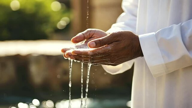 Muslim preparing for prayer by washing hands