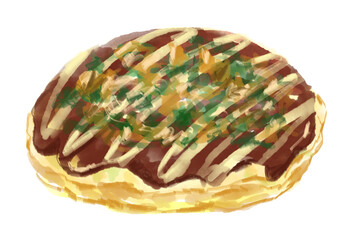 ソースがたくさんかかった美味しそうな厚焼きのお好み焼きの手描き水彩イラスト(透過PNG)