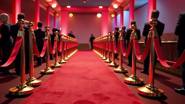 Red carpet event with guests waiting in glamorous setting at night in a prestigious venue