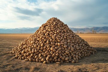 Large mound of harvested potatoes creates a striking pyramid against a backdrop of farmland and mountains