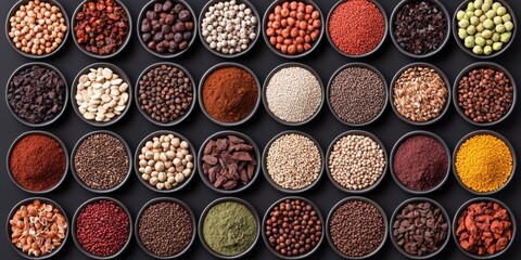 Close up macro of multicolored spices and seasonings aligned in precise rows showing intensity of flavor variety and culinary structure in food texture and design stock concept