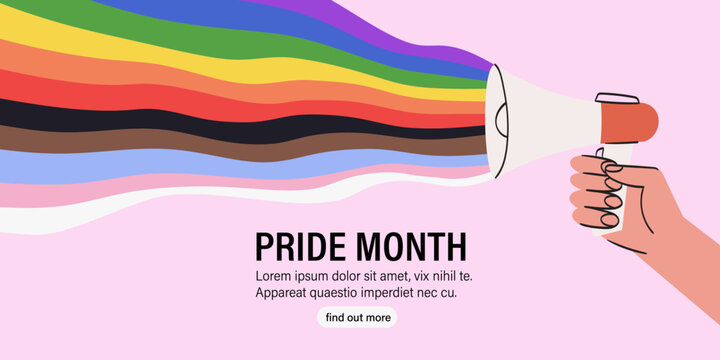 People hand hold loud speaker with lgbt rainbow. Pride month festival, parade or march celebration against violence, descrimination. Lgbtq greeting card, social media or web banner, placard or poster.