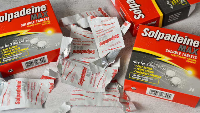 Solpadeine Max painkillers, over the counter addictive pain relief tablets with codeine and paracetamol, empty packets 