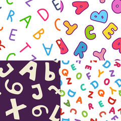 Alphabet vector cartoon seamless patterns set.