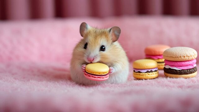 Adorable Fluffy Hamster Enjoys a Sweet Treat on a Cozy Pink Blanket: A Close-Up of Tiny Pet Bliss