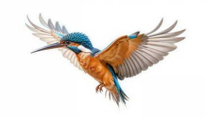 A stunning kingfisher in mid-flight with wings fully extended, showcasing its vibrant blue and orange plumage against a clean white background