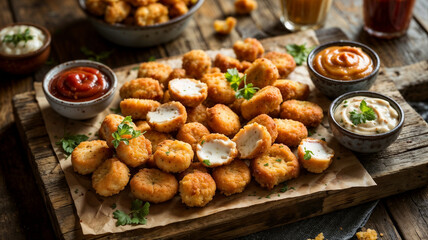 Crispy chicken nuggets, presented on a rustic wooden board and accompanied by three distinct dipping sauces