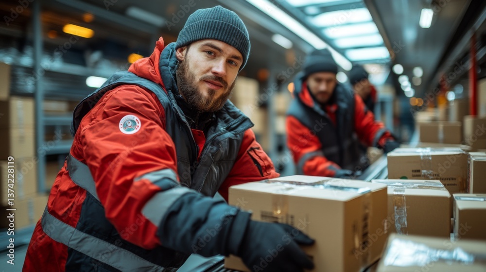 Poster Two workers in warm jackets are sorting packages in a well organized warehouse space, ensuring efficient inventory processing and fulfillment during peak hours.