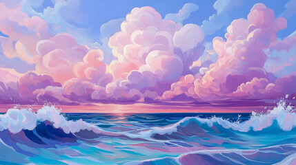 Dreamy Ocean Vista: Pastel Clouds Meeting Gentle Waves, Serene Seascape Concept