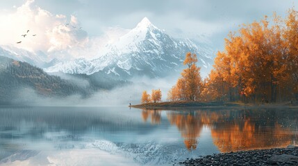 Tranquil Autumn Lake Beneath Snowy Peaks