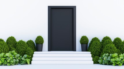 Modern black door surrounded by greenery and plants