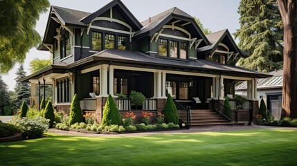 A photo of a double-story home with green accents.