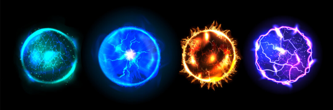 Light ball. Blue magic fire portal. Energy flame flash or crystal orb power. Electric lightning sparkles. Glow planet sphere. Blazing plasma shape. 3D round game elements vector set