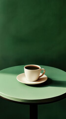 macha latte, ceramic table, green background, 