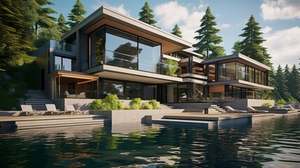 A photo of a double-story lakefront modern villa. ,