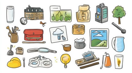 A Colorful Collection of Hand-Drawn Items Representing Various Aspects of Everyday Life and Creativity, Featuring Tools, Nature, Home, and Personal Belongings