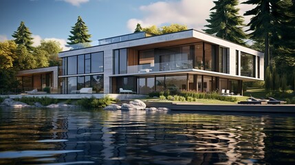A photo of a double-story lakefront modern villa.