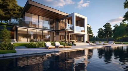 A photo of a double-story lakefront modern villa. ,