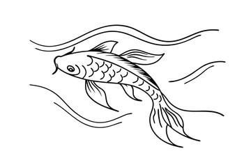 Fototapeta premium Elegant Koi Fish Line Art Drawing, Aquatic Life, Water, Stream