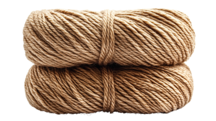 Brown Linen Yarn Skeins: A close-up of two brown linen yarn skeins, neatly stacked and tied with a brown string.  The soft.