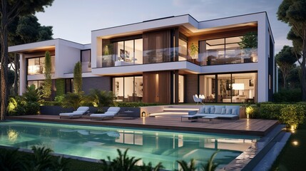 A photo of a double-story modern eco-friendly villa. ,