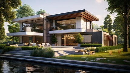 A photo of a double-story modern eco-friendly villa. ,