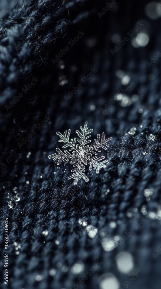 Wall mural a delicate snowflake rests on dark fabric. the intricate details of the snowflake contrast with the 