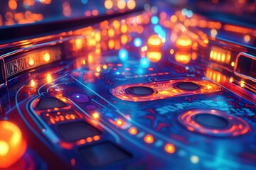 Close-up of a vibrant pinball machine with glowing lights and colorful details creating a nostalgic arcade atmosphere.